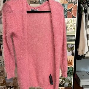 pink fuzzy cardigan
